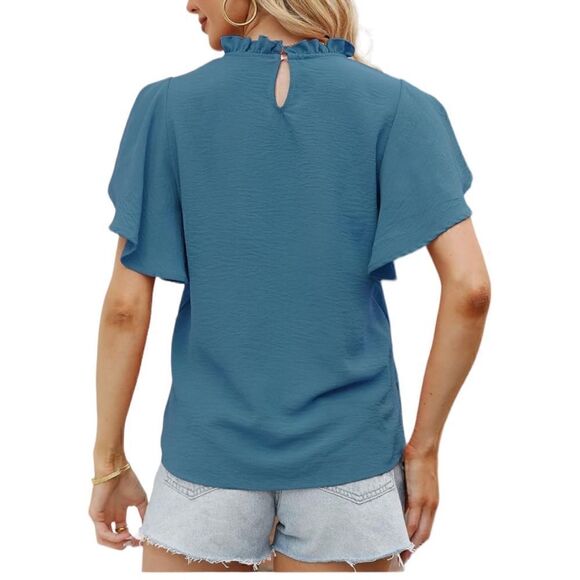 Aifer Turquoise Ruffle Collar Blouse w button closure in back & Flutter sleeves - Picture 10 of 12